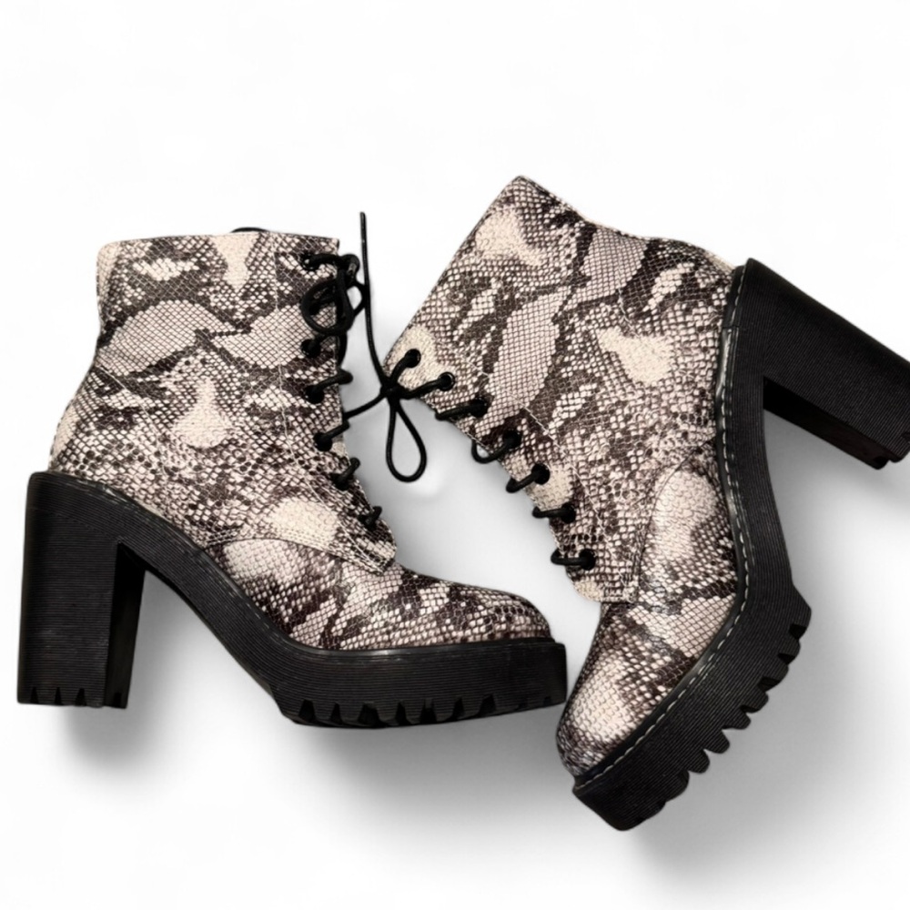 Madden Girl Snakeskin Lace-Up Chunky Heel Ankle Boots